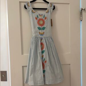 Striped Blue and White Kids Dress with Floral Embroidery